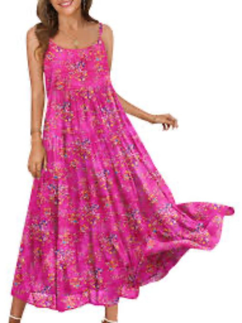 YESNO 100% Cotton Floral Tiered Maxi Cami Dress Fuchsia Pink L